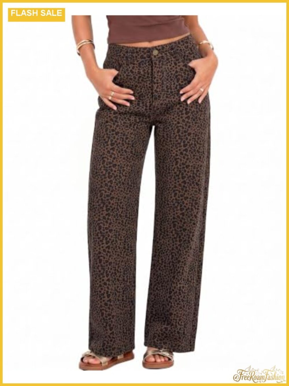 Wide Leg High Waist Baggy Leopard Jeans Stretchy Denim Pants with Pockets